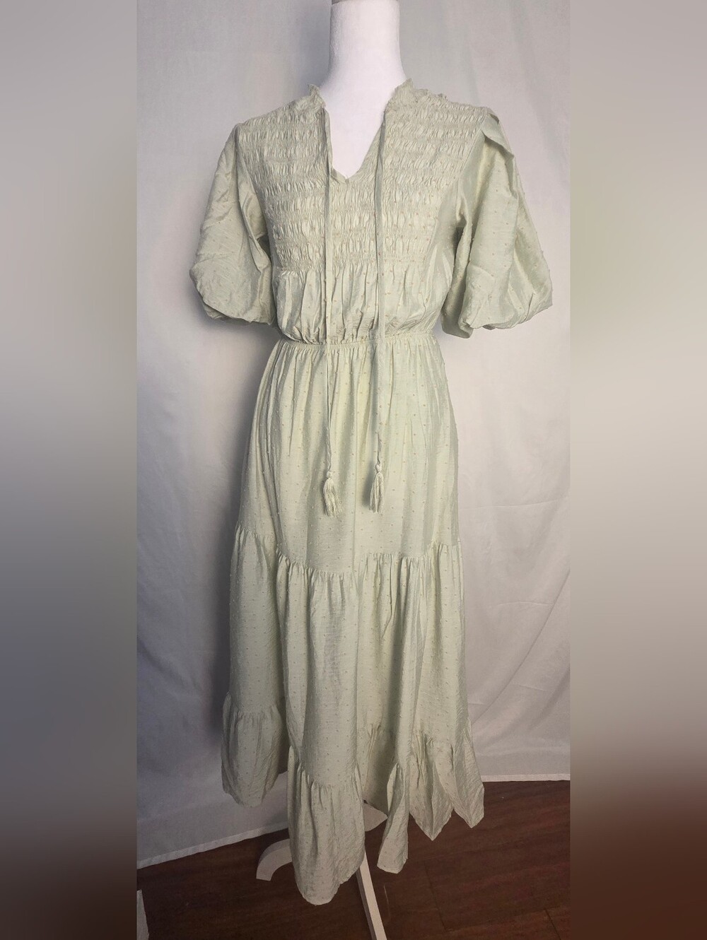 Moon River Light Green Smocked Maxi Dress with Puff Sleeves